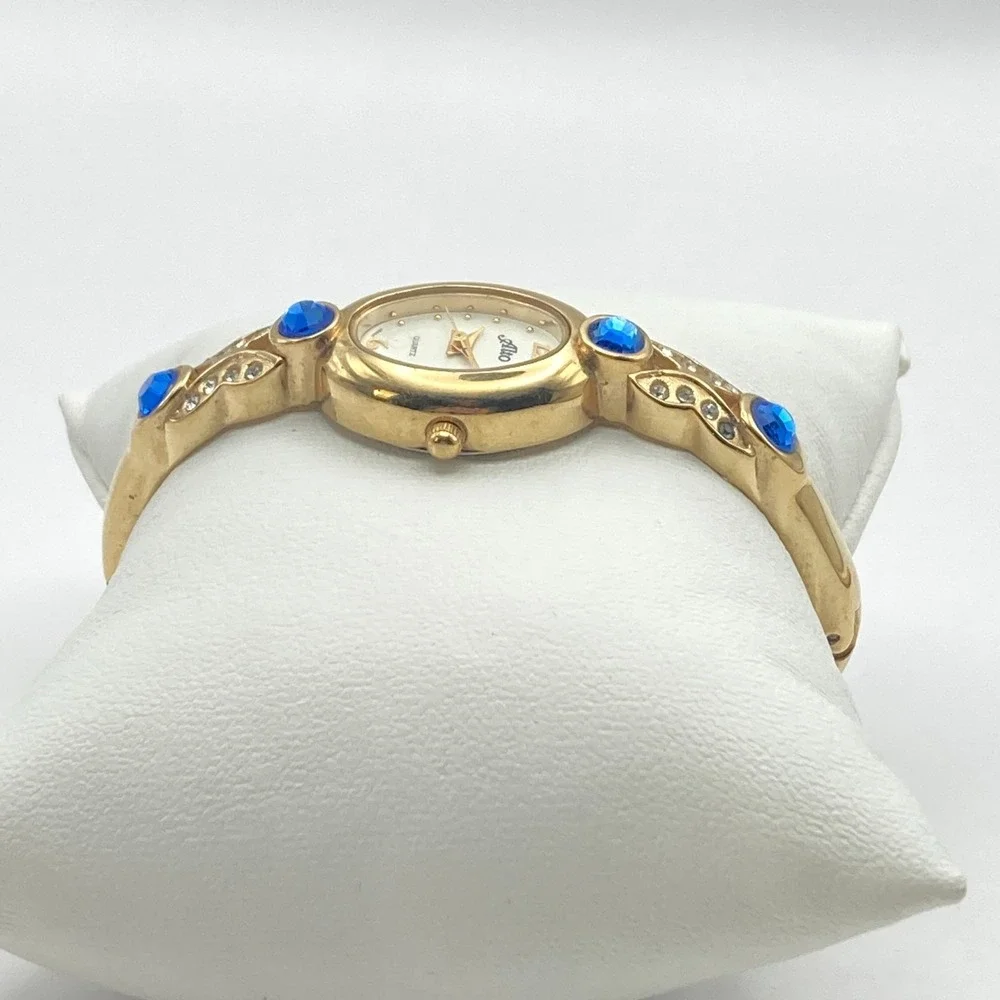 Alto Women's Watch 19mm Gold Tone Blue Crystals Cuff Oval New Battery 6.25